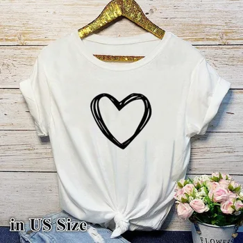 Širdies gėlių spausdinti ponios T-shirt ponios atsitiktinis pagrindas, O-apykakle balti marškiniai trumpomis rankovėmis ponios T-shirt meilės grafikos spausdinimo