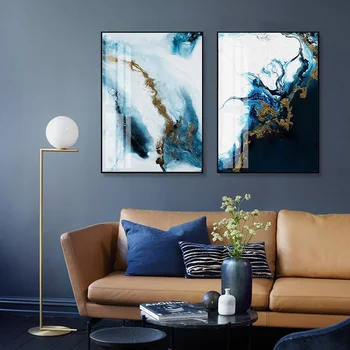 Šiuolaikinės Abstract Blue Marble Fonas Matinis Aukso Šiaurės Stiliaus Tapybos Drobės Kambarį Namo Sienos Meno Dekoro Plakato Nuotraukas
