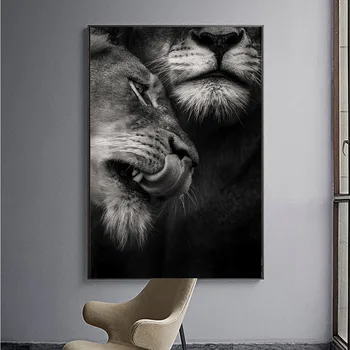 Šiuolaikinės Afrikos Gyvūnų Nuotraukos Black Ir White Lion Šeimos Spaudinių Drobės, Paveikslai, Sienos Menas, Plakatų Ir Plakatai Kambario Dekoro