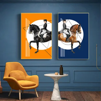 Šiuolaikinės Dresavimo Chevaux Arklių Rider Blue Orange Plakatai, Drobė, Tapyba Sienos Meno Spaudinius Kambarį Namo Apdaila