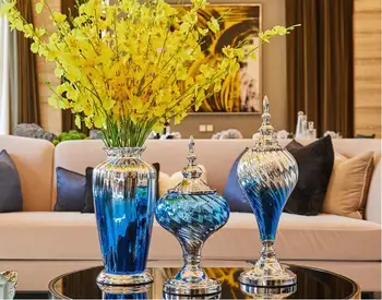 Šiuolaikinės Gradiento Spalvos Stiklo Vaza+Dirbtinių Gėlių Nustatyti Figūrėlės Namų Baldų Apdailos Amatų Svetainės Netikrą Vazonas Meno