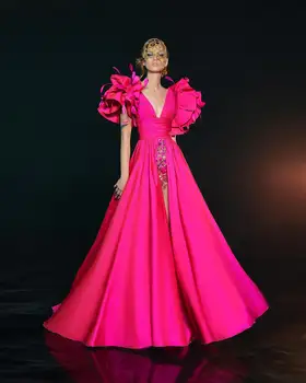 Šiuolaikinės Hot Pink Padalinta Ilgai Prom Dresses V-kaklo, Atvira nugara-line Seksualus Prom Chalatai Raukiniai Vieną Petį Oficialų Suknelė