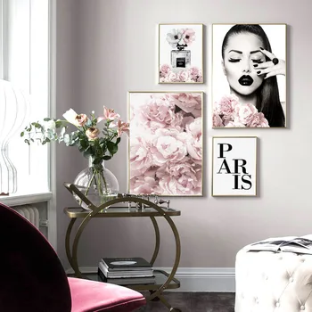 Šiuolaikinės Mados Sudaro Pink Gėlių Juoda Lipgloss Moters Portretas Drobės Tapybos Sienos Paveiksl Plakatas Spaudinių Mergaičių Namų Dekoro