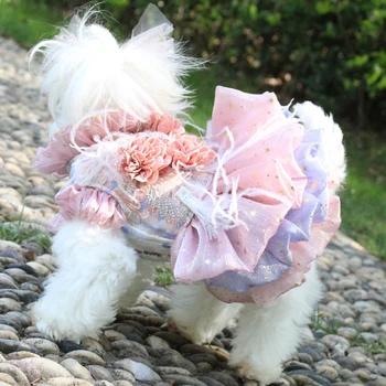 Šunelis Nėrinių Suknelė Siuvinėta Trumpa Stilius Princesė Vestuvių Suknelė Trimatis Gėlių, Puošia Plunksnų Mažų Šunų Sijonas