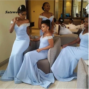 Šviesiai Mėlyna Afrikos Bridesmaid Dresses Undinė Satino Sparkle Kristalai Tarnaitė Garbės Chalatai Off Pečių Vestuvių Suknelė Svečias
