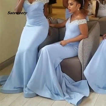 Šviesiai Mėlyna Afrikos Bridesmaid Dresses Undinė Satino Sparkle Kristalai Tarnaitė Garbės Chalatai Off Pečių Vestuvių Suknelė Svečias