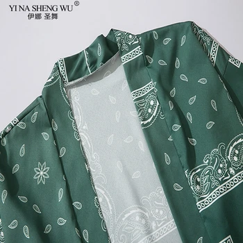 Žalia Anakardžių Gėlių Spausdinti Kimono Vyrai Moterys Japonų Stiliaus Tradicinis Megztinis Yukata Streetwear Haori Paplūdimio Drabužiai Marškinėliai, Kailio