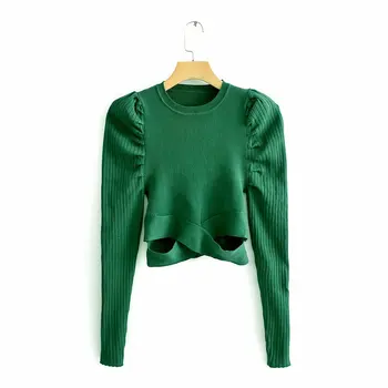 Žalia moterų sluoksniuotos rankovėmis bomba megztiniai 2019 mados ponios elegantiškas megztas megztinis moteriška žiemos trikotažas merginos prašmatnus puloveriai