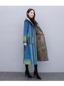 Žiemos moterų Retro nacionalinės stiliaus ilgo kailio, vilnos šilta, per kelio gobtuvu paltas Harajuku outwear