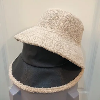Žiemos Raw EdgeBucket Skrybėlę Moterų PU Šiltas Aksomo Kietas Kibirą Skrybėlės Unisex Mados Dvipusis Panama Žvejys Kepurės Turizmas