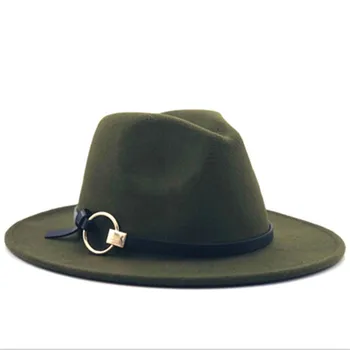 žiemos skrybėlės moterims metalo diržo vientisos spalvos vilnos veltinio kepurę vyrų Kepurę žiemą, rudenį, žalia balta vestuvinė prabanga platus kraštų fedora skrybėlės