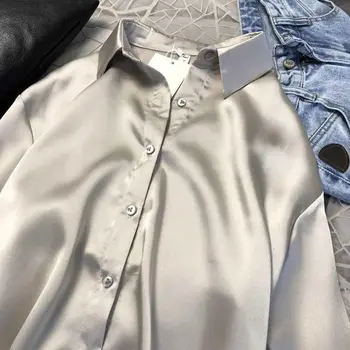 рубашка женская 2021 m. pavasarį ir rudenį satino marškinėliai moterų vientisos spalvos ilgomis rankovėmis prarasti dugno marškinėliai блузка женская блузка