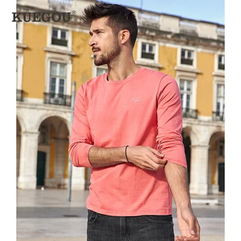 【Kuegou 】vyriški ilgomis rankovėmis marškinėliai be pamušalo, viršutinį drabužį padaryti apvalios apykaklės gryna spalva spausdintos raidės rudens apranga ZT-7723